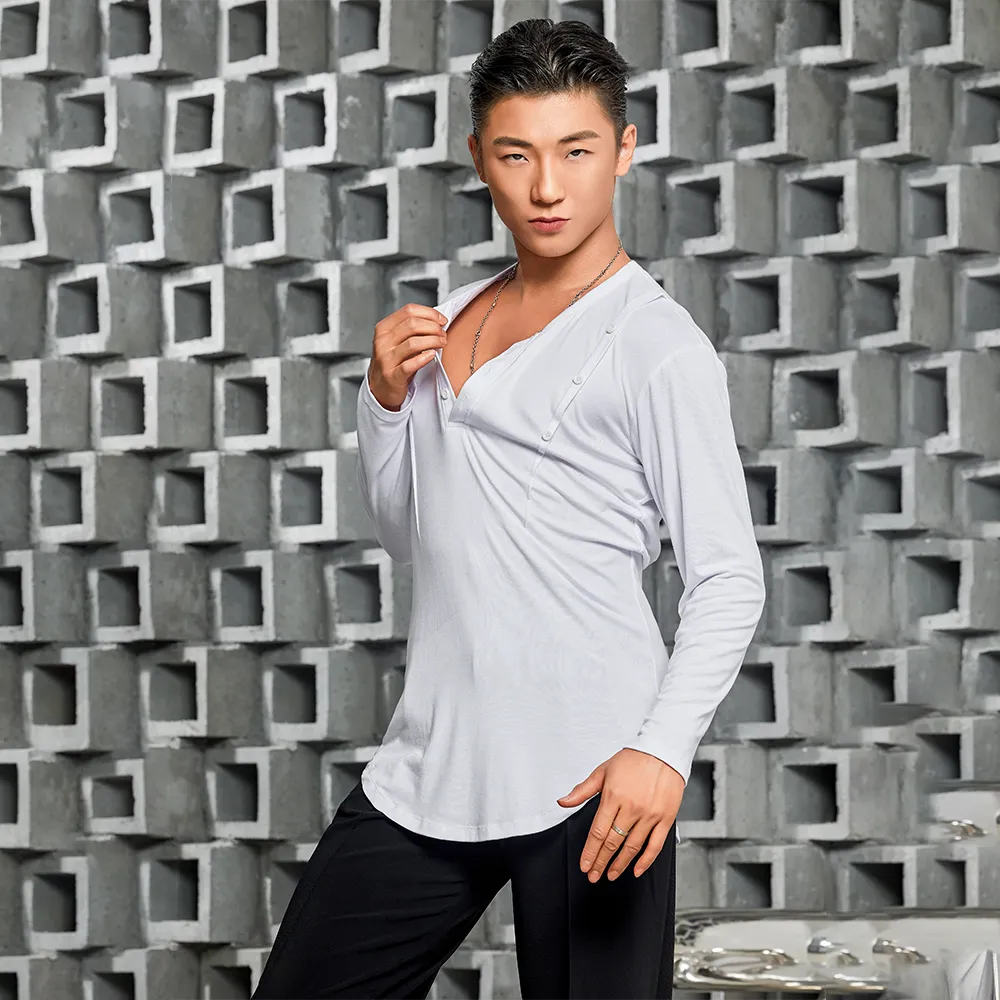 NY682 Men’s Button‑Detail Long‑Sleeve Latin Dance Top